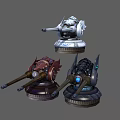 Three Different Designed Mechanical Weapon Turrets With Colorful Details And Glowing Blue Elements