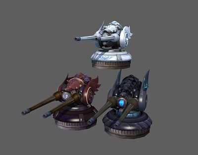 Three Different Designed Mechanical Weapon Turrets With Colorful Details And Glowing Blue Elements 3d model