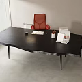 Modern Black Office Desk With Table Lamp Open Book Pencils Folder Red Chair And Natural Light