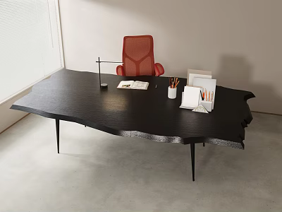 Modern Black Office Desk With Table Lamp Open Book Pencils Folder Red Chair And Natural Light 3d model