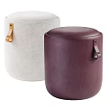 Light Colored Fabric And Deep Purple Leather Sofa Stools With Leather Handles
