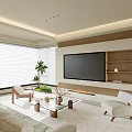 Modern Open Living Dining Room Interior With Wooden Table Chairs Pendant Lights TV And Cabinets