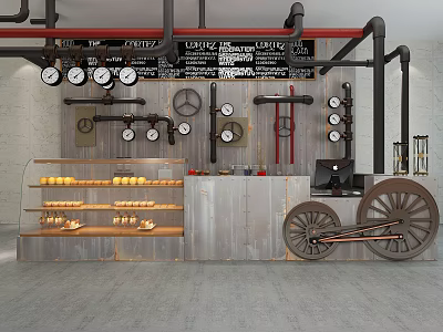 Industrial Display Shelves With Wooden Layers Yellow Items And Wall Gauges Decor 3d model