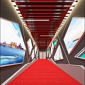 Elevator Hallway With Red Carpet Display Screens City Skyline And Seaside Views