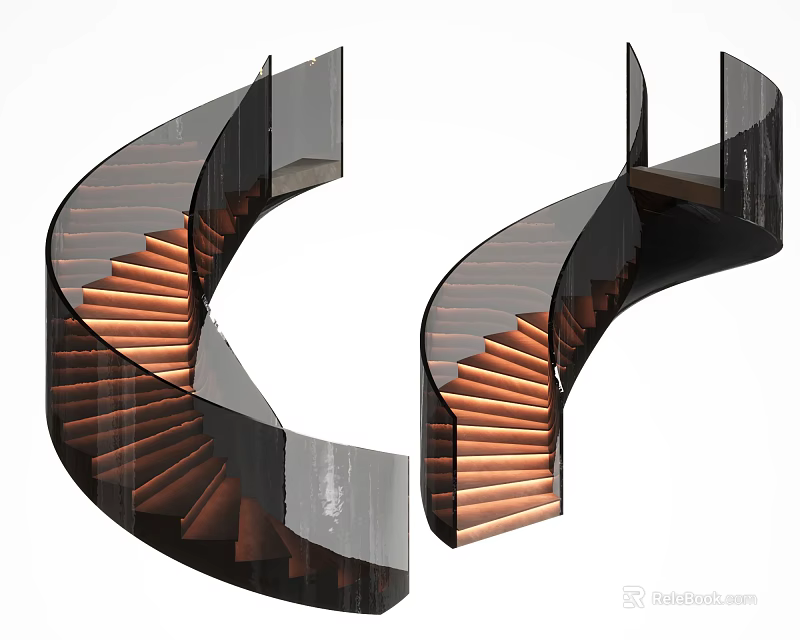 Elegant Modern Spiral Staircase With Glass Railings And Copper Steps Design 3d model 