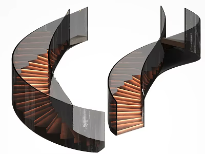 Elegant Modern Spiral Staircase With Glass Railings And Copper Steps Design 3d model
