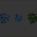 Three Blue and Green Trees with Lush Foliage on White Background