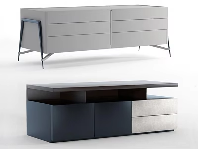 Contemporary TV Stand Featuring Light Gray Dark Panels Drawers Cabinets And Metal Legs 3d model