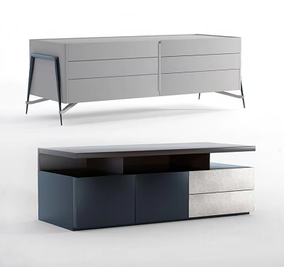 Contemporary TV Stand Featuring Light Gray Dark Panels Drawers Cabinets And Metal Legs 3d model