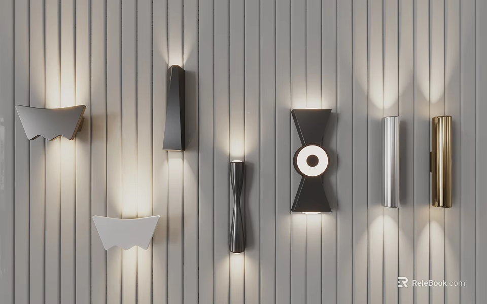Modern Design Wall Lamps With Various Shapes Mounted On Vertical Striped Gray Wall 3d model 