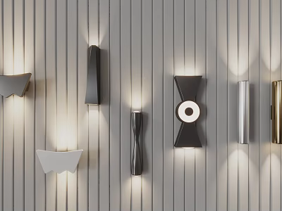 Modern Design Wall Lamps With Various Shapes Mounted On Vertical Striped Gray Wall 3d model