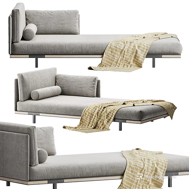 Modern Gray Chaise Lounge With Soft Knitted Blanket And Comfortable Cushions 3d model 