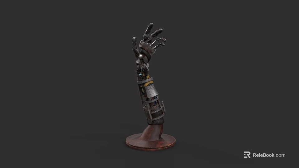 Rustic Dark Colored Mechanical Arm With Metal Structure Joints And Round Base 3d model