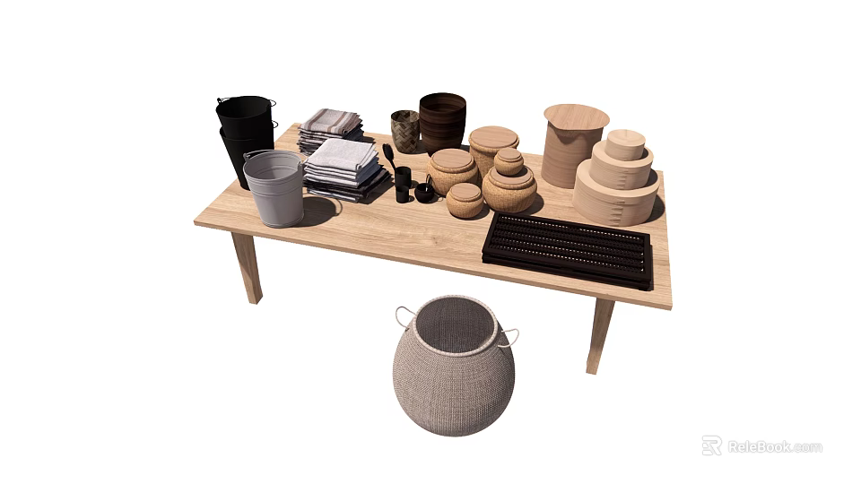 Stylish Decorative Ornament Set on Wooden Table with Jars Baskets Stacked Fabrics and Tray 3d model 