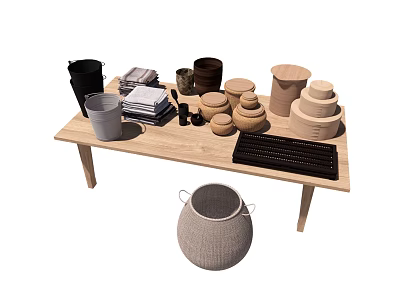 Stylish Decorative Ornament Set on Wooden Table with Jars Baskets Stacked Fabrics and Tray 3d model