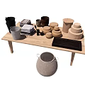 Stylish Decorative Ornament Set on Wooden Table with Jars Baskets Stacked Fabrics and Tray