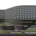 Modern Office Building Exterior Design With Glass Curtain Walls Multi Story Structure And Landscaping