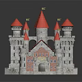 Cartoon Castle Scene Featuring Red Spires Multiple Towers Gray White Walls Small Windows and Doors