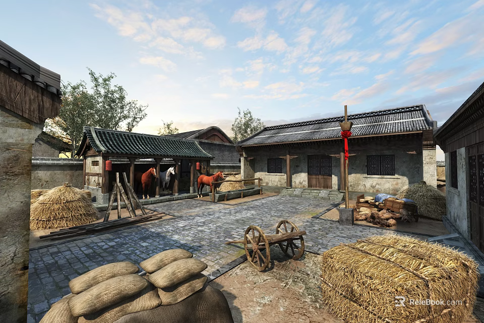 Ancient Style Garden Landscape Featuring Traditional Tiled Houses Horses Straw Stacks And Stone Paved Ground 3d model 