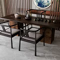 Traditional Chinese Wooden Tea Table and Chairs With Teapot Cups and Decorative Painting