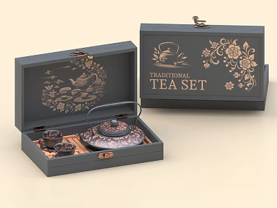 Traditional Tea Set With Elegant Engraved Gray Box Floral Patterns And Teapot Teacups 3d model
