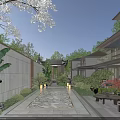 Elegant New Chinese Style Courtyard Landscape With Lush Greenery Stone Path And Stylish Residential Villas