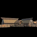 Traditional Wooden Houses With Thatched Roofs Surrounding Storage Bins And Small Outbuildings