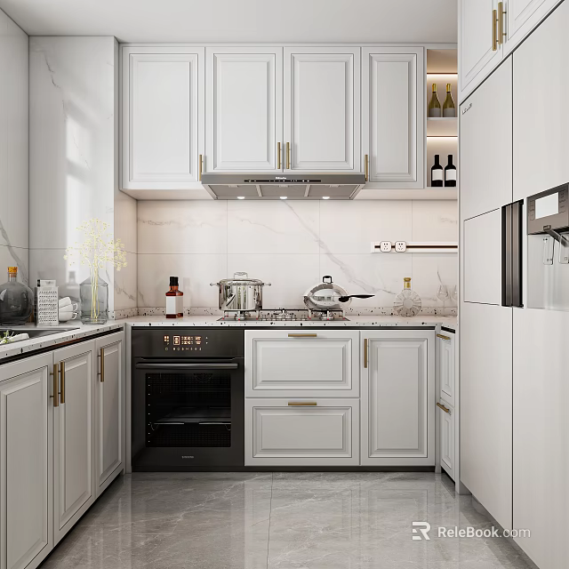 Modern Kitchen Interior With White Cabinets Marble Countertops Oven And Range Hood 3d model 