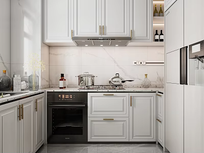 Modern Kitchen Interior With White Cabinets Marble Countertops Oven And Range Hood 3d model
