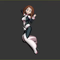 Orange Haired Female Character In Blue White Costume Dynamic Jumping Pose With Heroic Stance