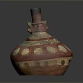 Ancient Ceramic Vessel Sculpture Featuring Red Body Gold Circular and Geometric Carvings
