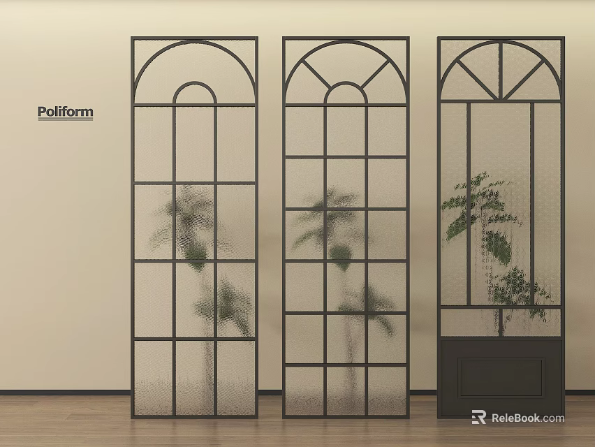 Poliiform Modern Black Frame Arched Top Glass Panel Grid Room Dividers With Plants 3d model 