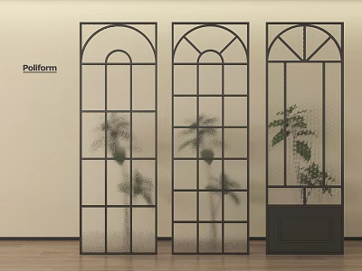 Poliiform Modern Black Frame Arched Top Glass Panel Grid Room Dividers With Plants 3d model