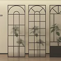 Poliiform Modern Black Frame Arched Top Glass Panel Grid Room Dividers With Plants