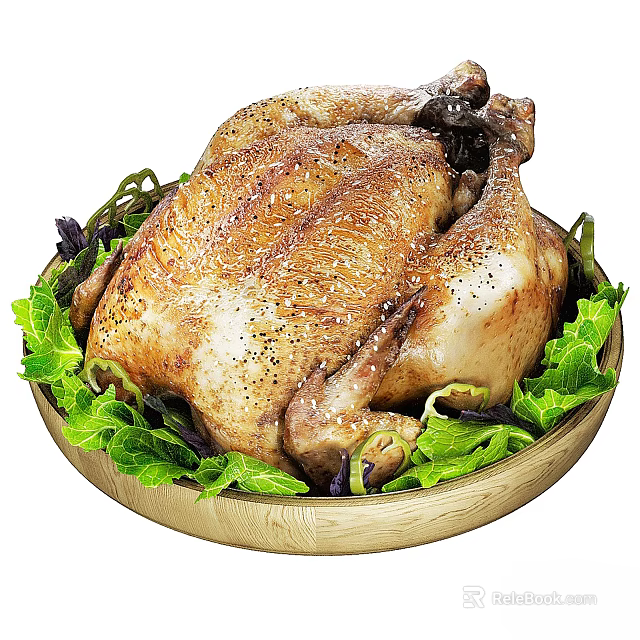 Stylish Natural Wooden Bowl Serving Roasted Chicken with Fresh Green and Purple Lettuce Leaves 3d model 