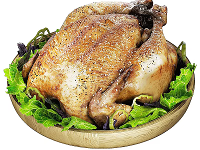 Stylish Natural Wooden Bowl Serving Roasted Chicken with Fresh Green and Purple Lettuce Leaves 3d model