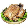 Stylish Natural Wooden Bowl Serving Roasted Chicken with Fresh Green and Purple Lettuce Leaves