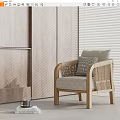 Modern Light Gray Fabric Armchair with Wooden Frame Woven Armrests and Plaid Cushion