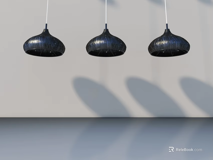 Modern Hinged Door Design With Black Pendant Lights On Gray Wall And Reflective Floor 3d model