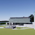 Modern Sales Office Building Design With Glass Curtain Wall Circular Driveway And Landscaped Gardens