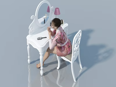 White Hinged Door In Bedroom Scene With Dressing Table Chair And Pink Lamp 3d model
