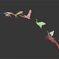 Decorative Ornament Combination with Paper Cranes and Hand Shaped Sculpture on Dark Background with Reflections