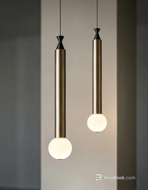 Two Cylindrical Metal Pendant Lights With Round Bulbs Modern Design 3d model 