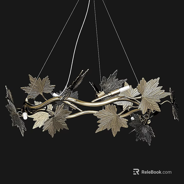 Maple Leaf Shaped Metal Chandelier With Curved Branches And Decorative Golden Silver Leaves 3d model 