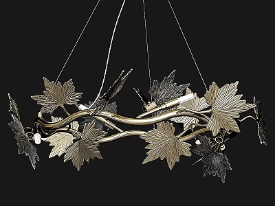 Maple Leaf Shaped Metal Chandelier With Curved Branches And Decorative Golden Silver Leaves 3d model