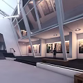 Modern Art Gallery Interior With Hanging Artworks Glass Skylight Visitors And Spacious Design