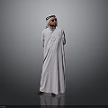 Middle Eastern Man In Traditional White Robe And Headscarf Standing On Gray Background
