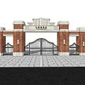 Classical Entrance Gate With Red Brick Pillars And Iron Design Structure 3d model