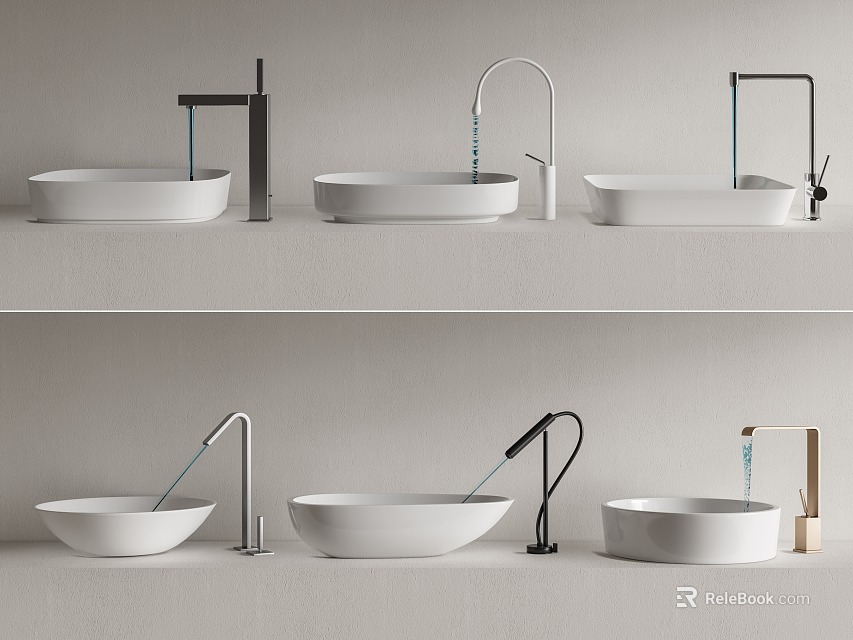 Modern White Washbasin Collection With Various Faucet Designs And Stylish Arrangement 3d model 