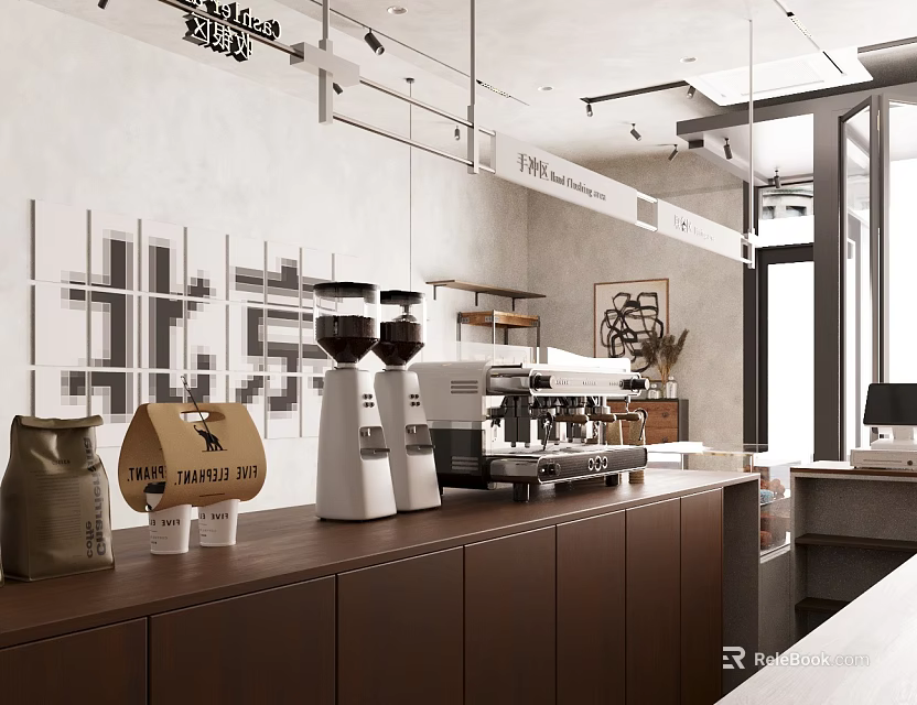 Coffee Shop Interior With Espresso Machine Coffee Bean Bag Brown Counter And Wall Art 3d model 
